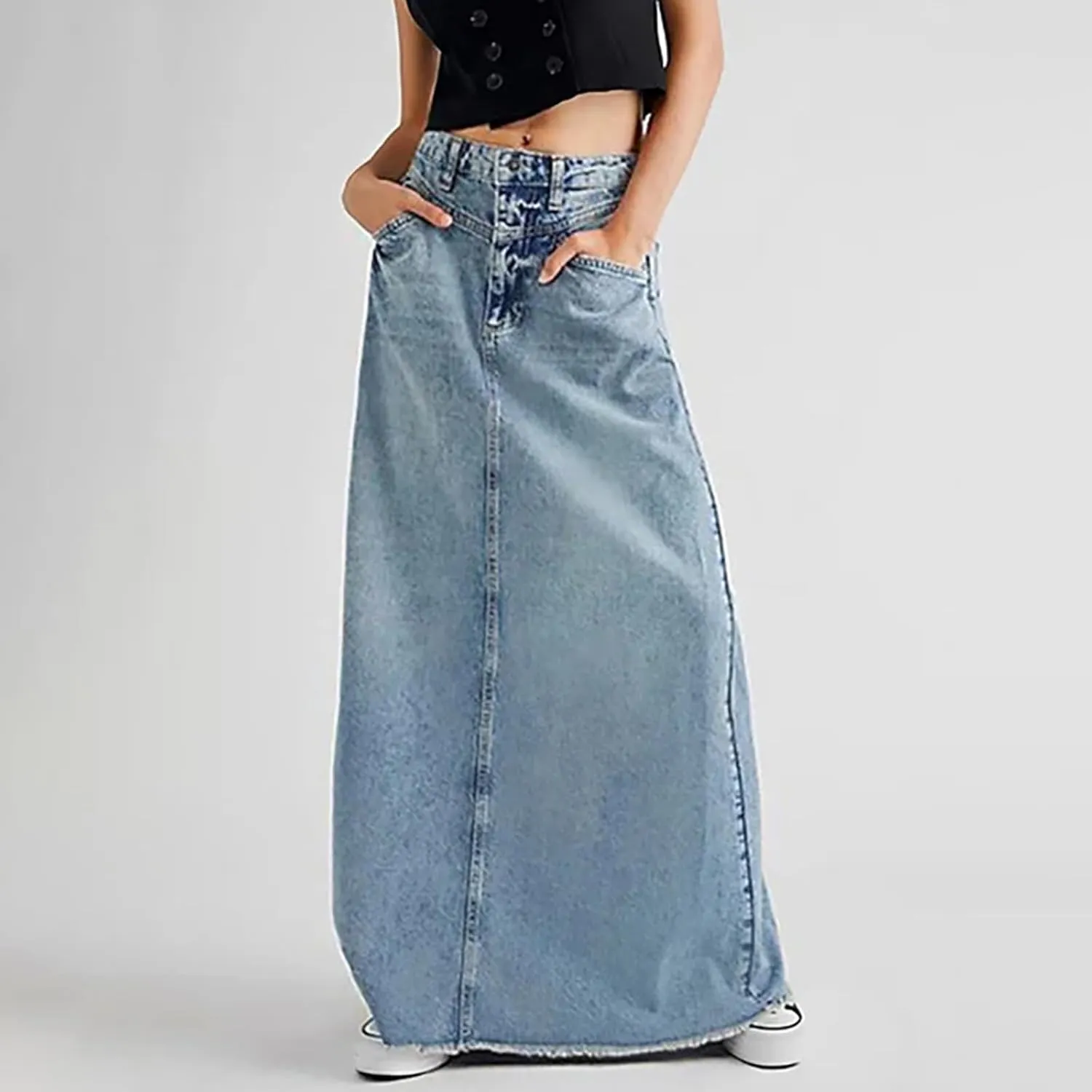 Women Vintage Denim Maxi Skirt Frayed Raw Hem High Waist A-Line Long Y2k Jean Skirt with Pockets