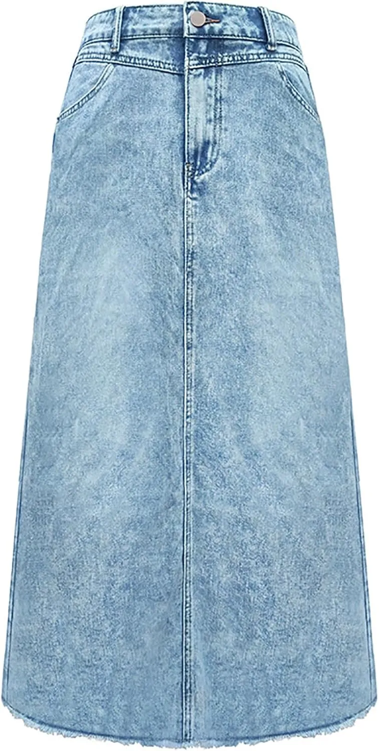 Women Vintage Denim Maxi Skirt Frayed Raw Hem High Waist A-Line Long Y2k Jean Skirt with Pockets
