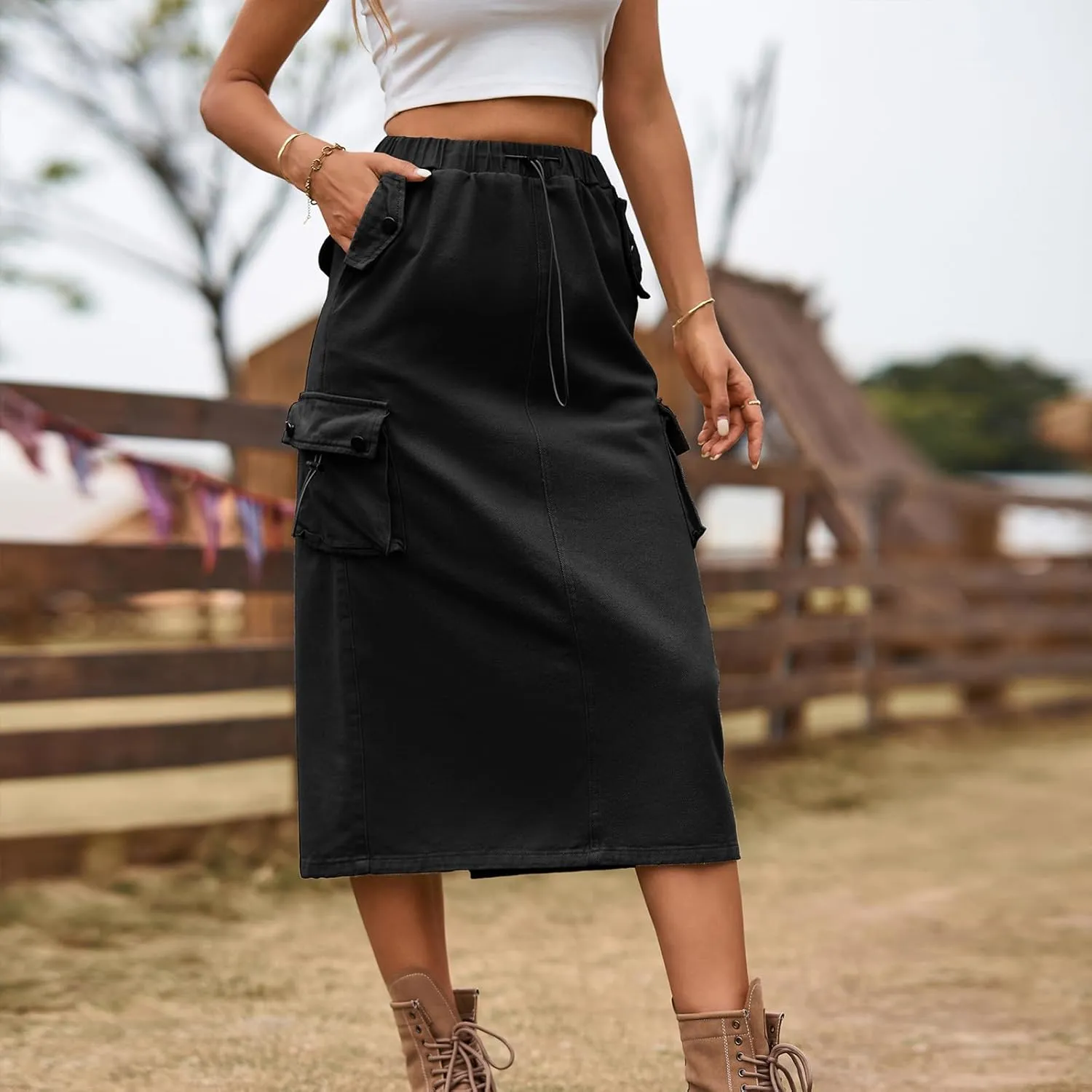 Women's Cargo Skirts with Pocket, Long Sweat Skirts 2024 Trendy Midi Length Skirt Casual Elastic Waist Half Dress