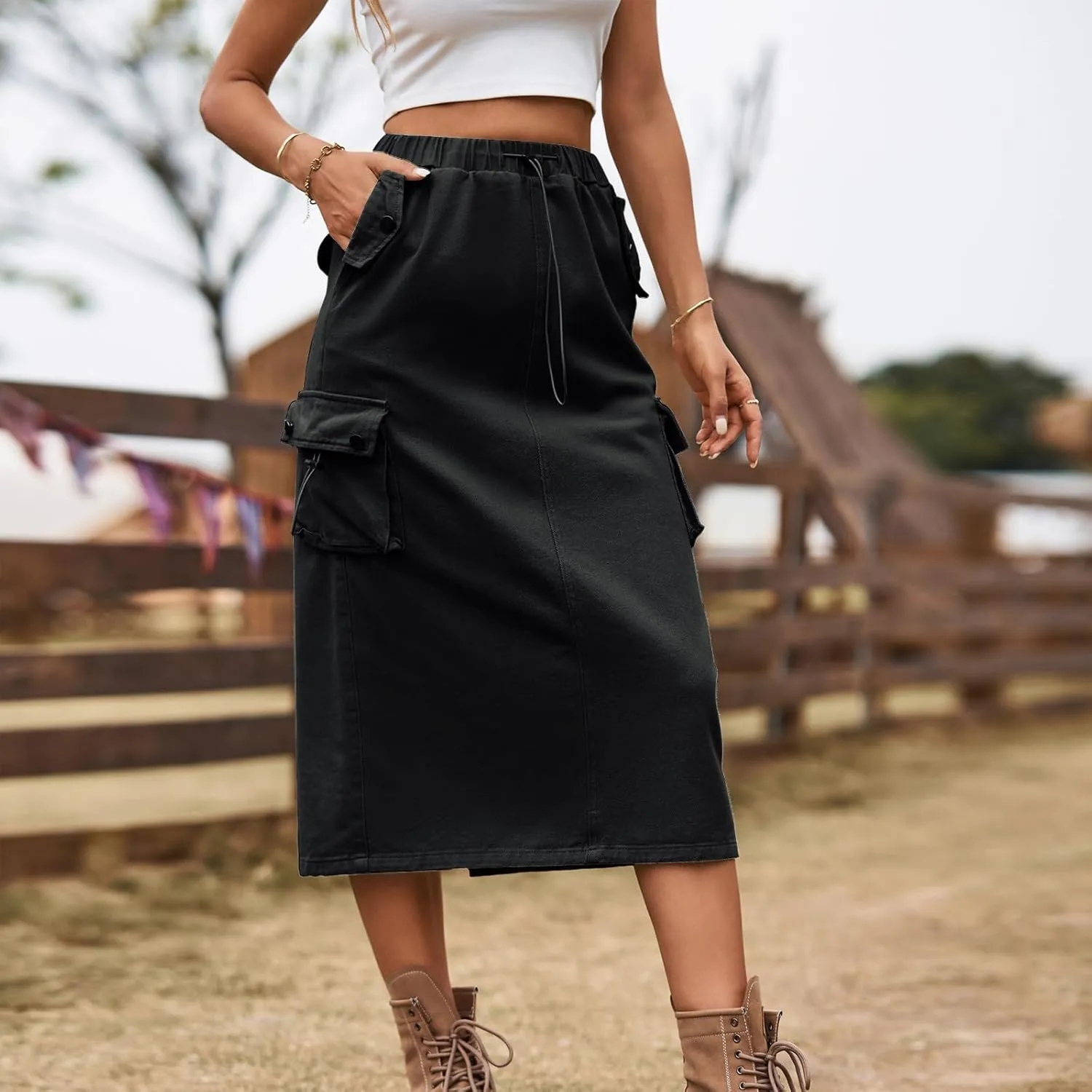 Women's Cargo Skirts with Pocket, Long Sweat Skirts 2024 Trendy Midi Length Skirt Casual Elastic Waist Half Dress