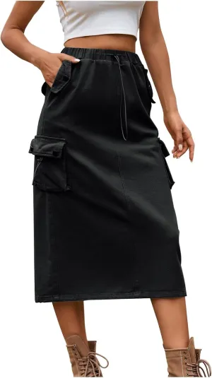 Women's Cargo Skirts with Pocket, Long Sweat Skirts 2024 Trendy Midi Length Skirt Casual Elastic Waist Half Dress
