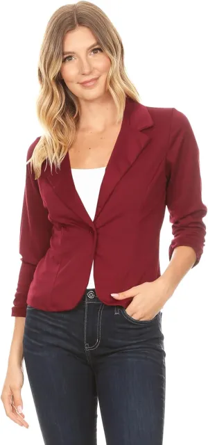 Women's Casual 3/4 Ruched Sleeves One Button Closure Waist length Blazer Jacket