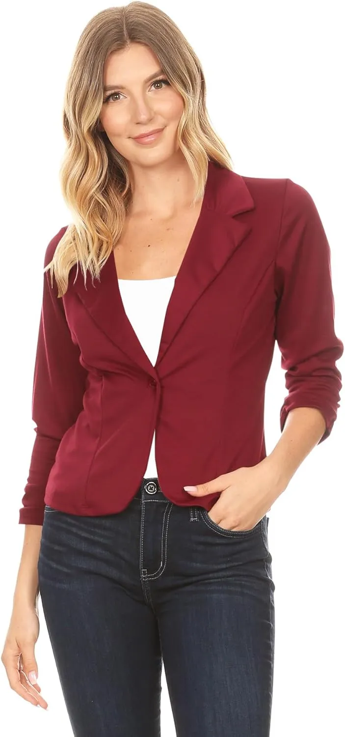 Women's Casual 3/4 Ruched Sleeves One Button Closure Waist length Blazer Jacket