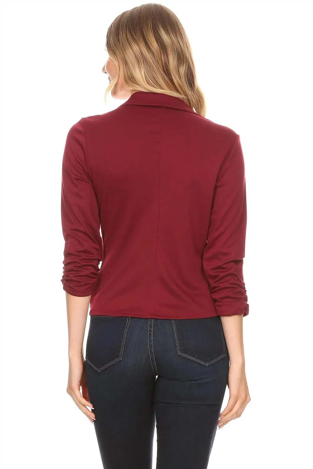 Women's Casual 3/4 Ruched Sleeves One Button Closure Waist length Blazer Jacket