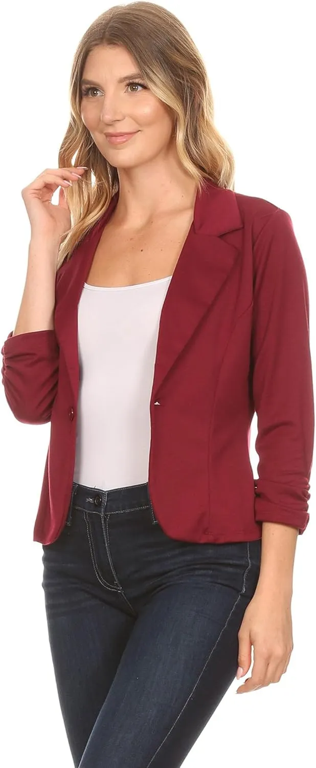 Women's Casual 3/4 Ruched Sleeves One Button Closure Waist length Blazer Jacket