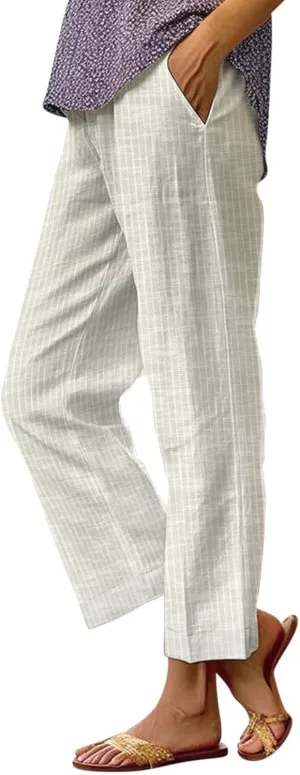 Women's Casual Boho Floral Print Stripe Cotton Linen Pants Elastic Waisted Drawstring Summer Spring Beach Baggy Capri