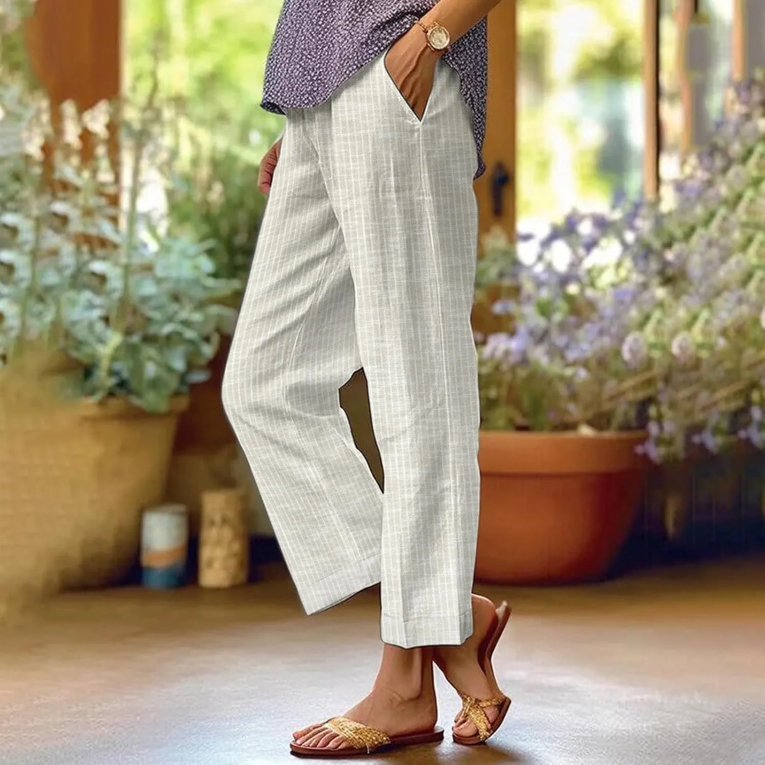 Women's Casual Boho Floral Print Stripe Cotton Linen Pants Elastic Waisted Drawstring Summer Spring Beach Baggy Capri