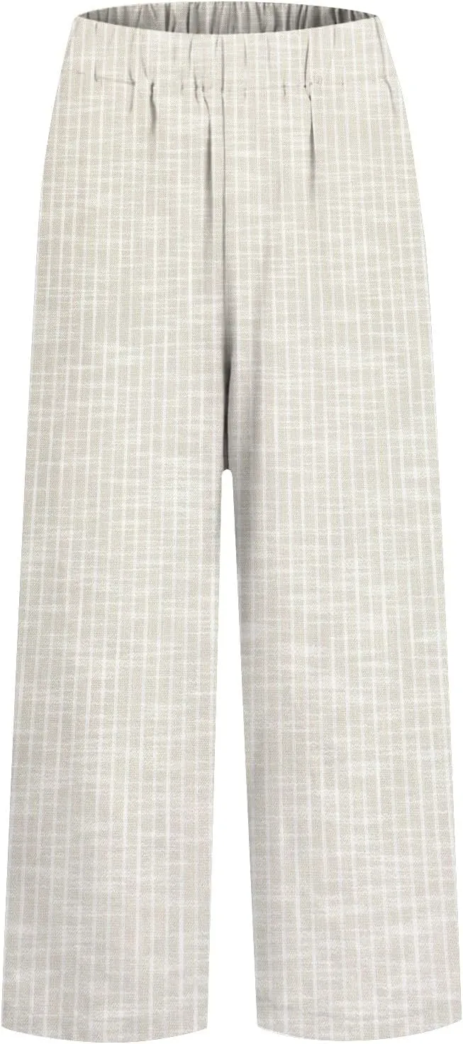 Women's Casual Boho Floral Print Stripe Cotton Linen Pants Elastic Waisted Drawstring Summer Spring Beach Baggy Capri