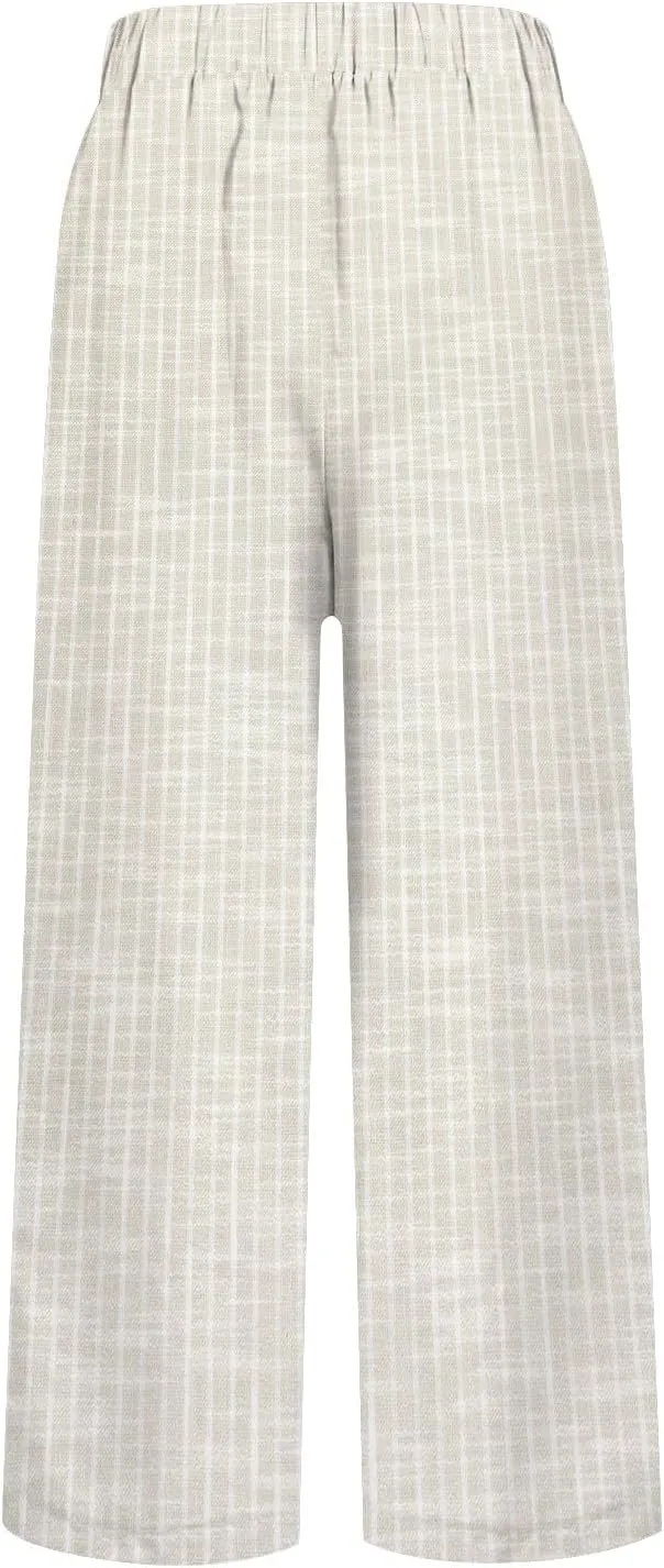 Women's Casual Boho Floral Print Stripe Cotton Linen Pants Elastic Waisted Drawstring Summer Spring Beach Baggy Capri