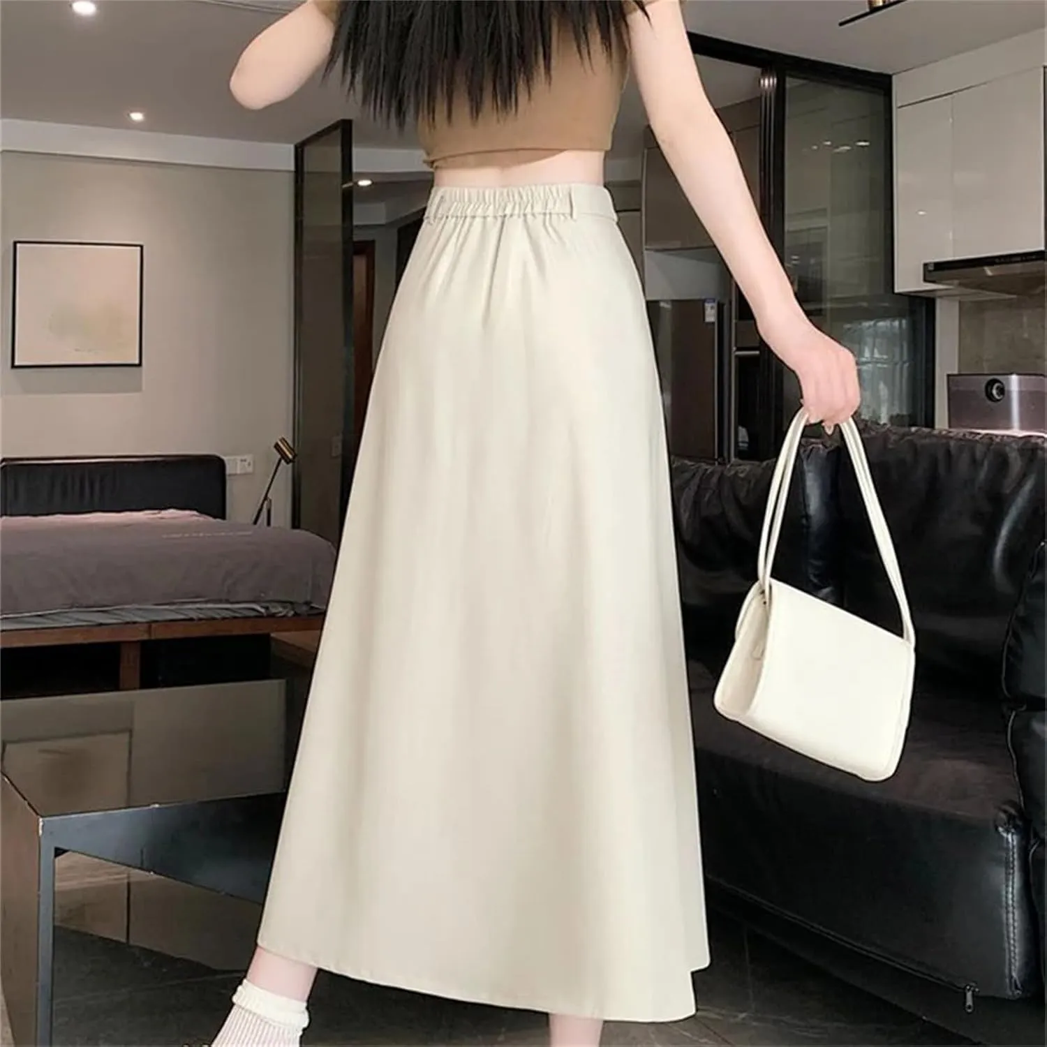 Women's High Waist Draped Pleated Skirt - Solid Color Pockets A-Line Maxi Length for Office Casual Wear