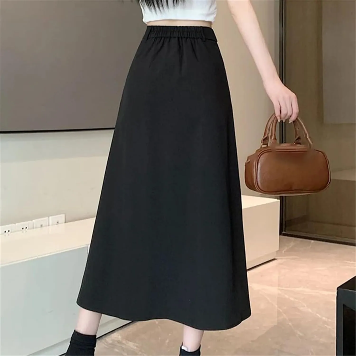 Women's High Waist Draped Pleated Skirt - Solid Color Pockets A-Line Maxi Length for Office Casual Wear