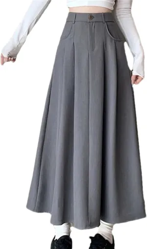 Women's High Waist Draped Pleated Skirt - Solid Color Pockets A-Line Maxi Length for Office Casual Wear