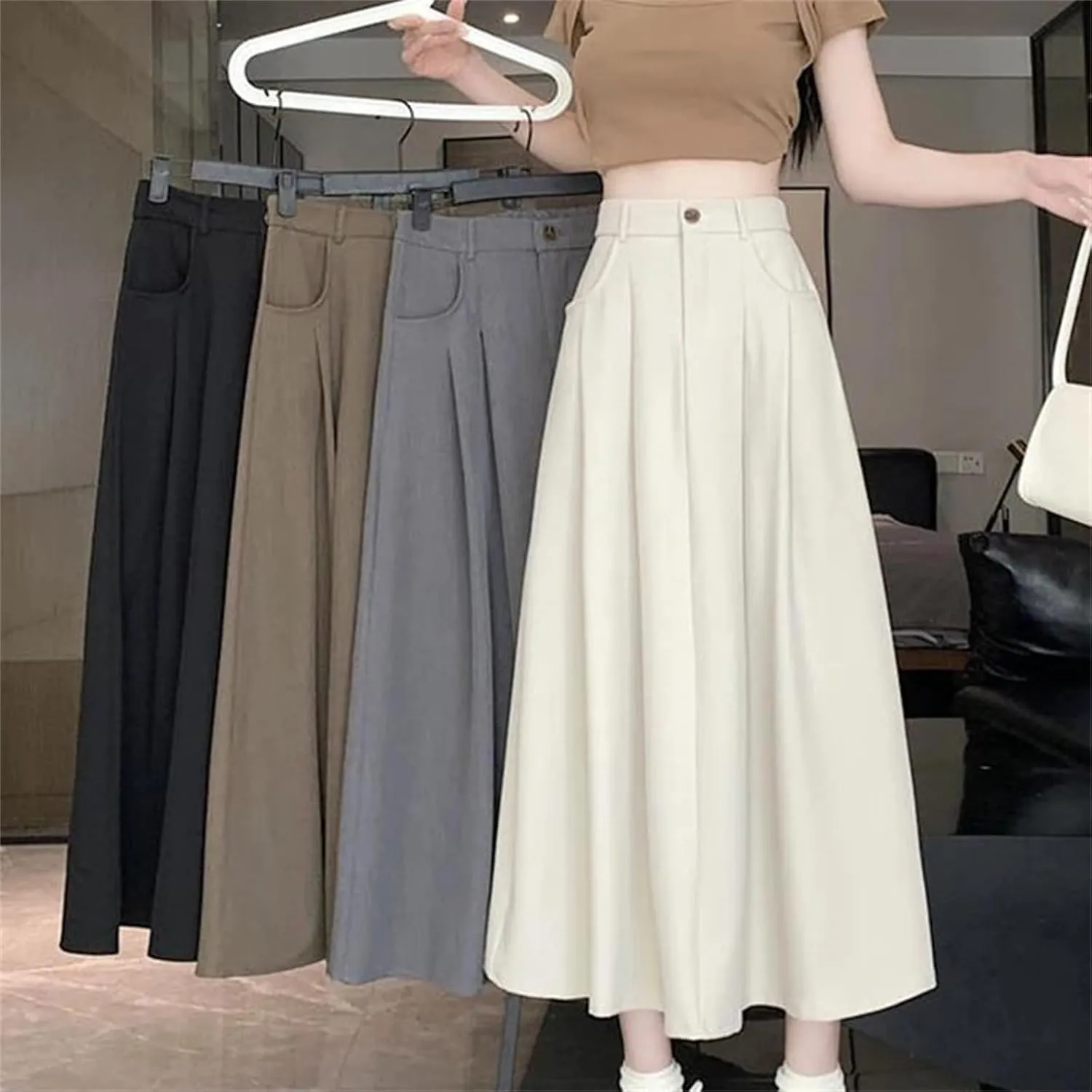 Women's High Waist Draped Pleated Skirt - Solid Color Pockets A-Line Maxi Length for Office Casual Wear