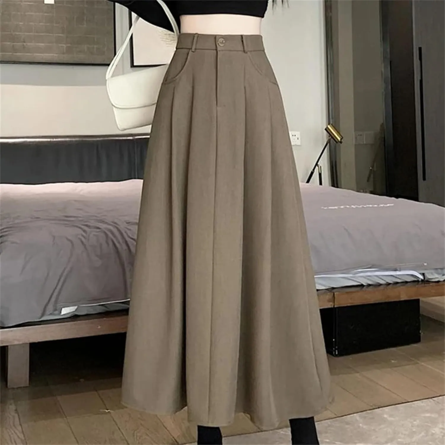 Women's High Waist Draped Pleated Skirt - Solid Color Pockets A-Line Maxi Length for Office Casual Wear