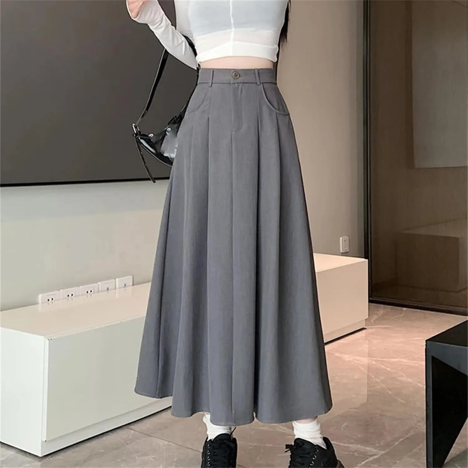 Women's High Waist Draped Pleated Skirt - Solid Color Pockets A-Line Maxi Length for Office Casual Wear