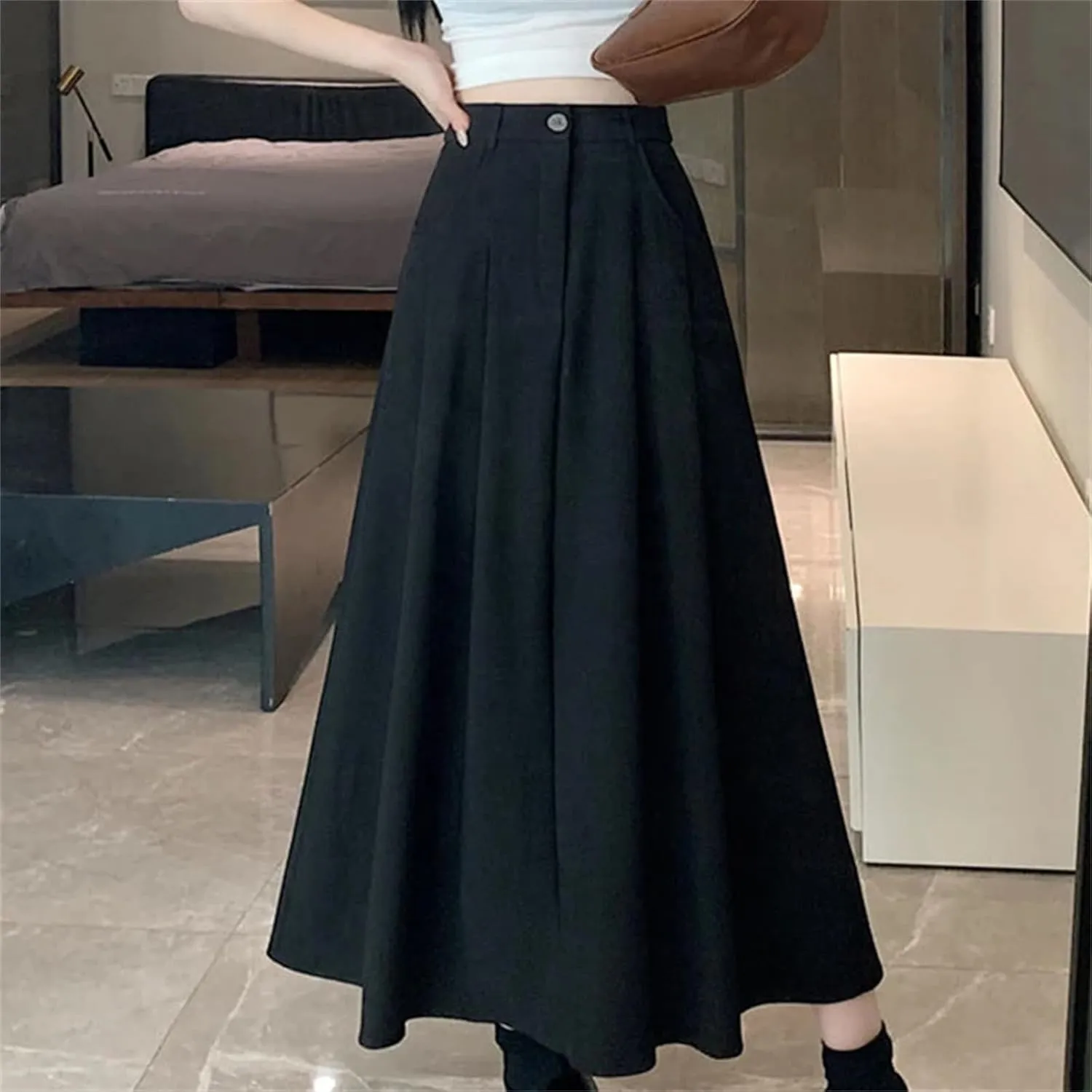 Women's High Waist Draped Pleated Skirt - Solid Color Pockets A-Line Maxi Length for Office Casual Wear