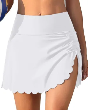 Women's High Waisted Swim Skirt Bottoms Ruched Scallop Trim Bathing Suit Skirts Split Tankini Swimsuit Bottom