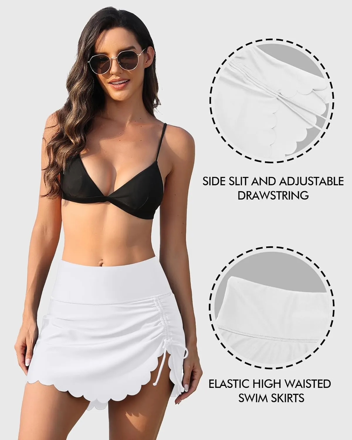Women's High Waisted Swim Skirt Bottoms Ruched Scallop Trim Bathing Suit Skirts Split Tankini Swimsuit Bottom
