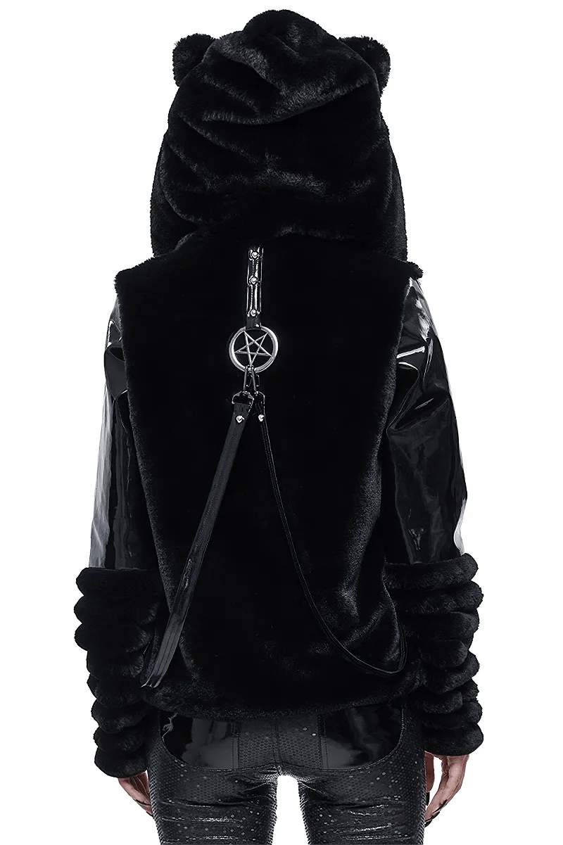 Women's Kitty Eared Fur Hood Jackets / Gothic Jacket with Pentagram Pendants and Straps