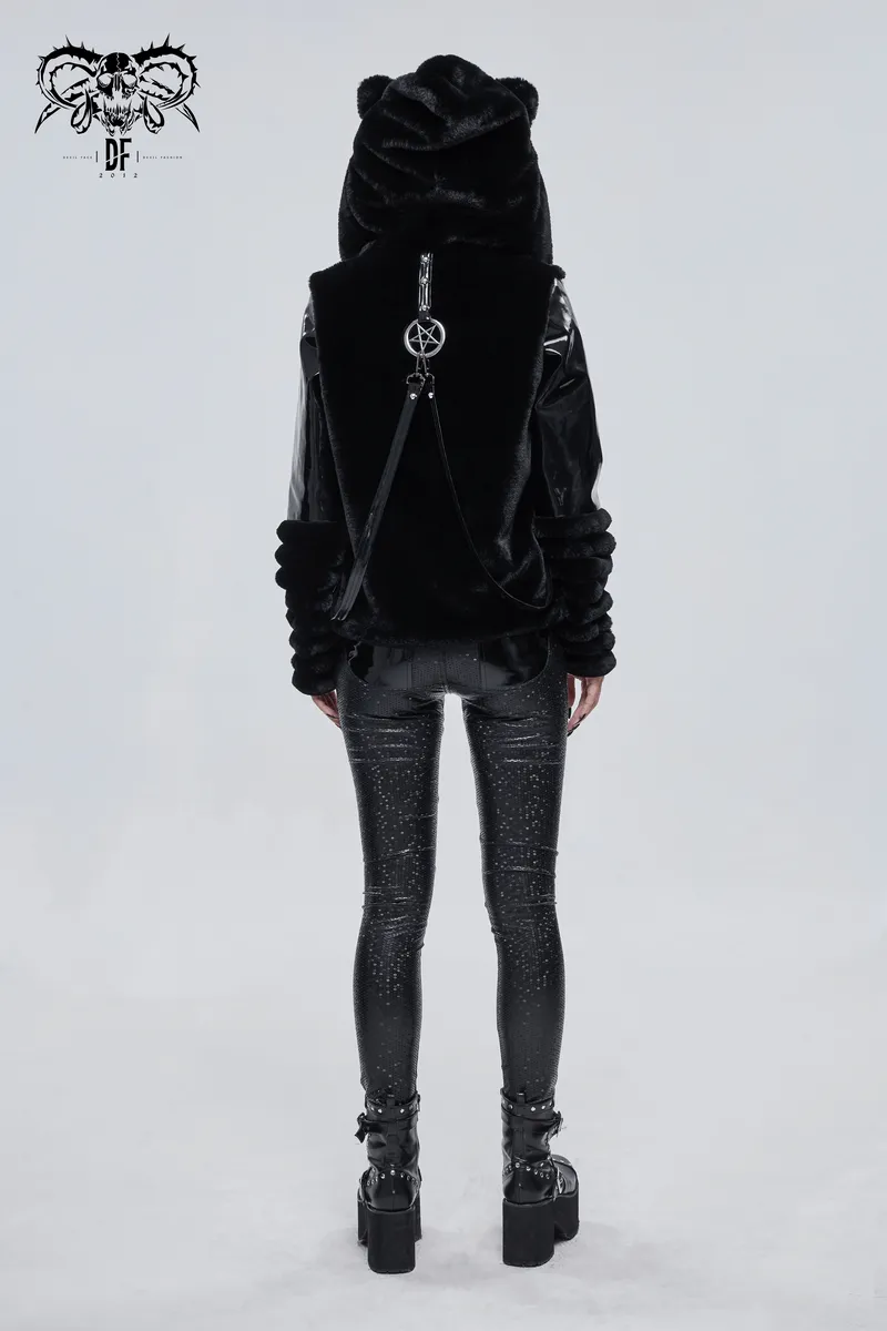 Women's Kitty Eared Fur Hood Jackets / Gothic Jacket with Pentagram Pendants and Straps
