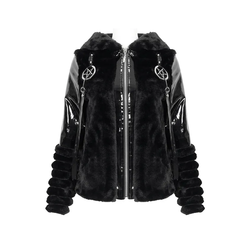 Women's Kitty Eared Fur Hood Jackets / Gothic Jacket with Pentagram Pendants and Straps