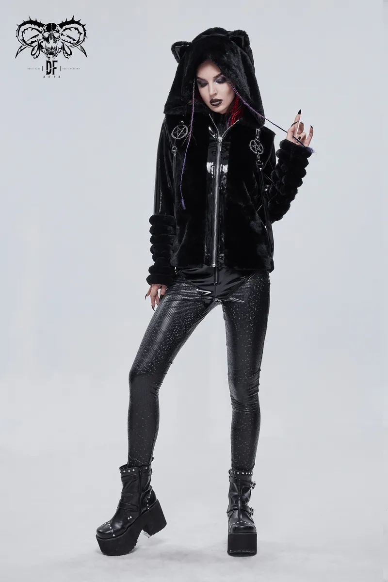 Women's Kitty Eared Fur Hood Jackets / Gothic Jacket with Pentagram Pendants and Straps