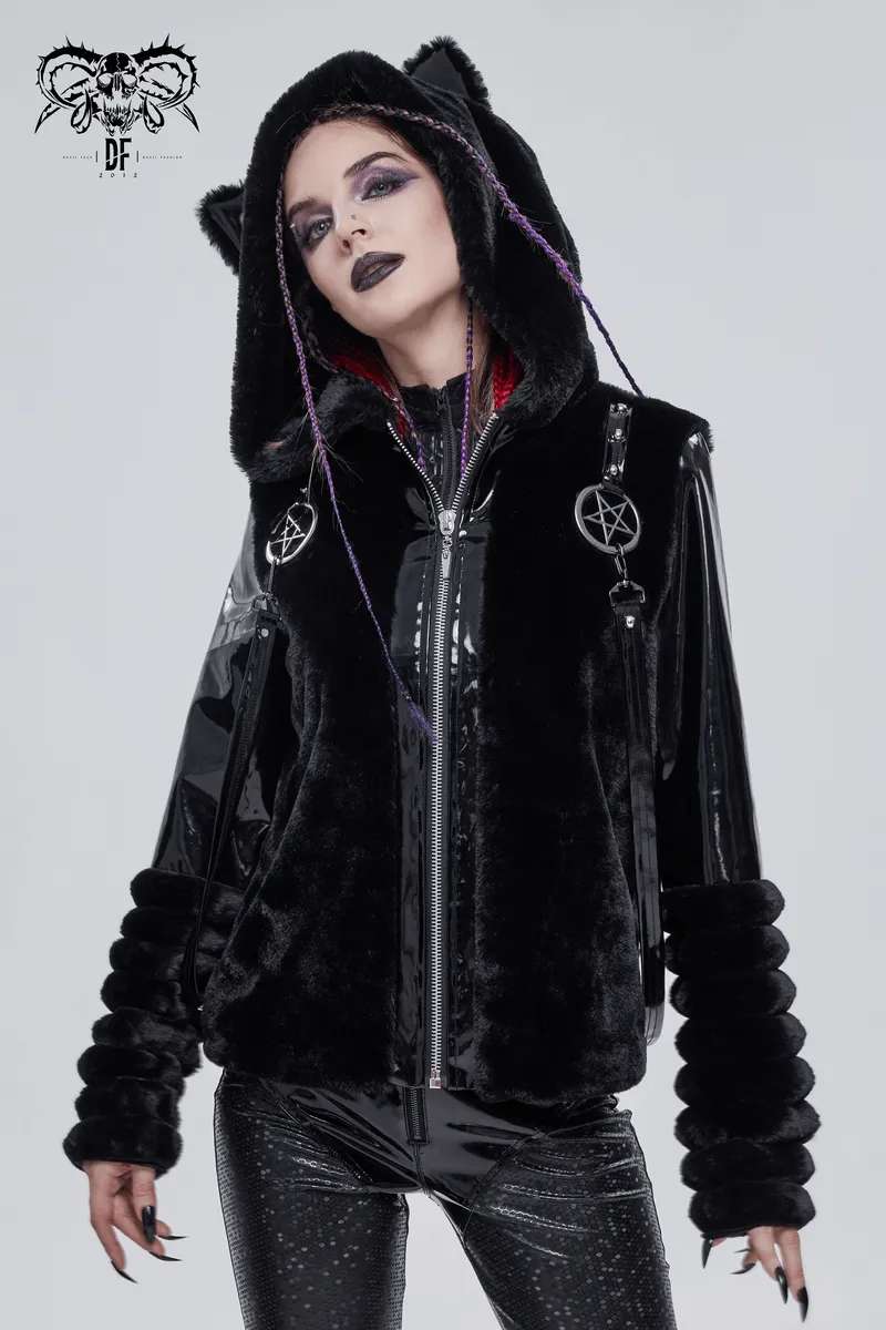 Women's Kitty Eared Fur Hood Jackets / Gothic Jacket with Pentagram Pendants and Straps