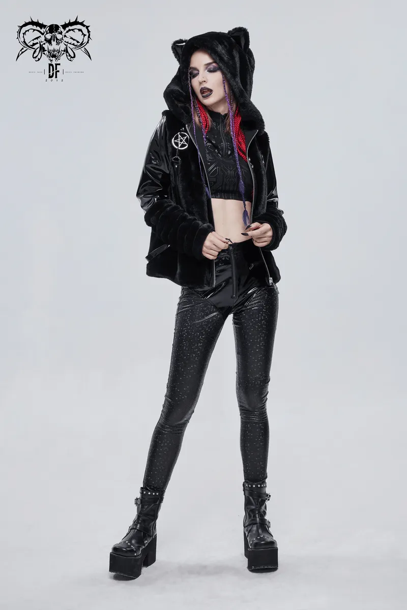 Women's Kitty Eared Fur Hood Jackets / Gothic Jacket with Pentagram Pendants and Straps