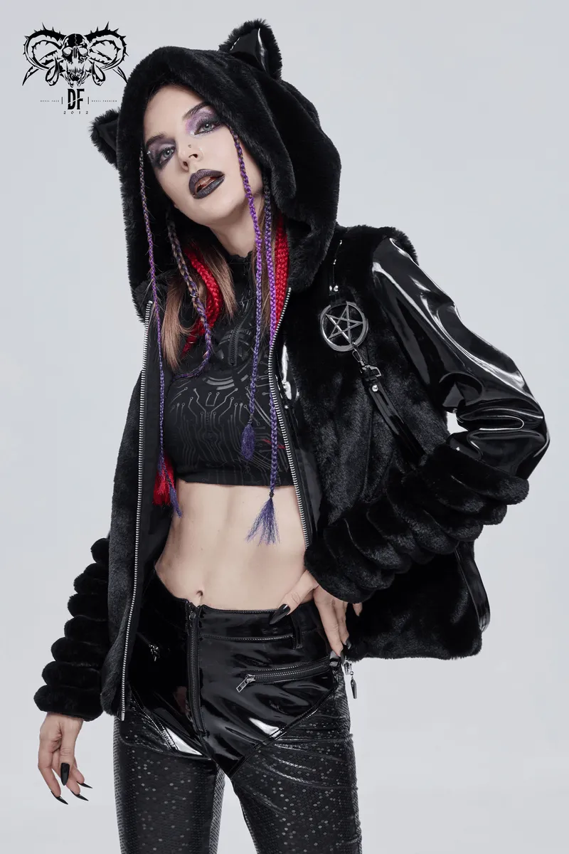 Women's Kitty Eared Fur Hood Jackets / Gothic Jacket with Pentagram Pendants and Straps