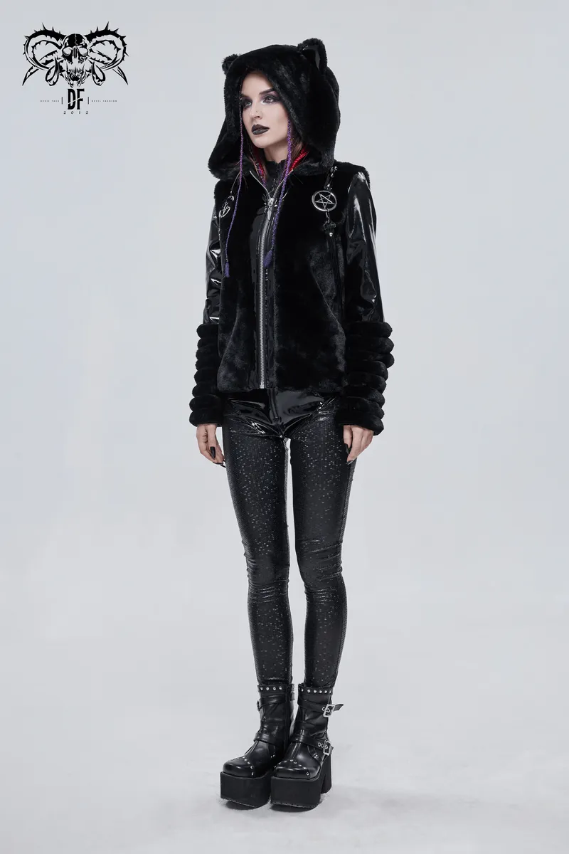 Women's Kitty Eared Fur Hood Jackets / Gothic Jacket with Pentagram Pendants and Straps