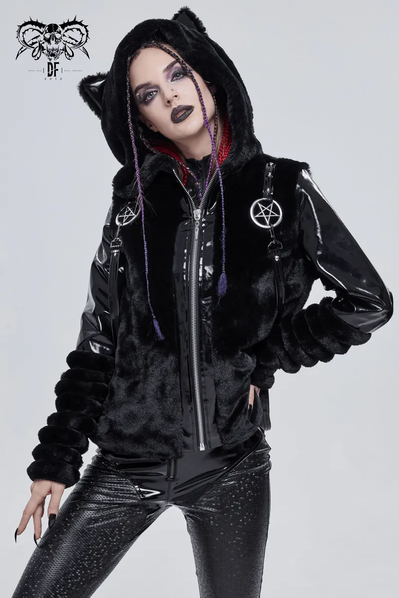 Women's Kitty Eared Fur Hood Jackets / Gothic Jacket with Pentagram Pendants and Straps