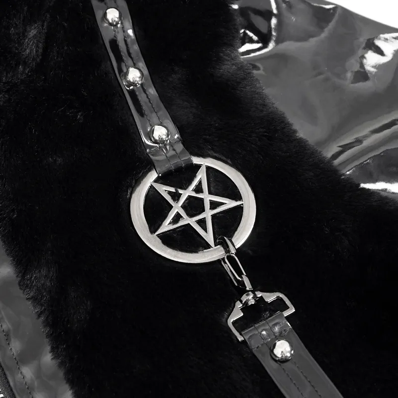 Women's Kitty Eared Fur Hood Jackets / Gothic Jacket with Pentagram Pendants and Straps