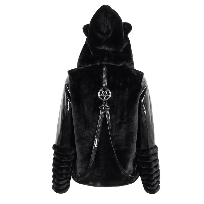 Women's Kitty Eared Fur Hood Jackets / Gothic Jacket with Pentagram Pendants and Straps