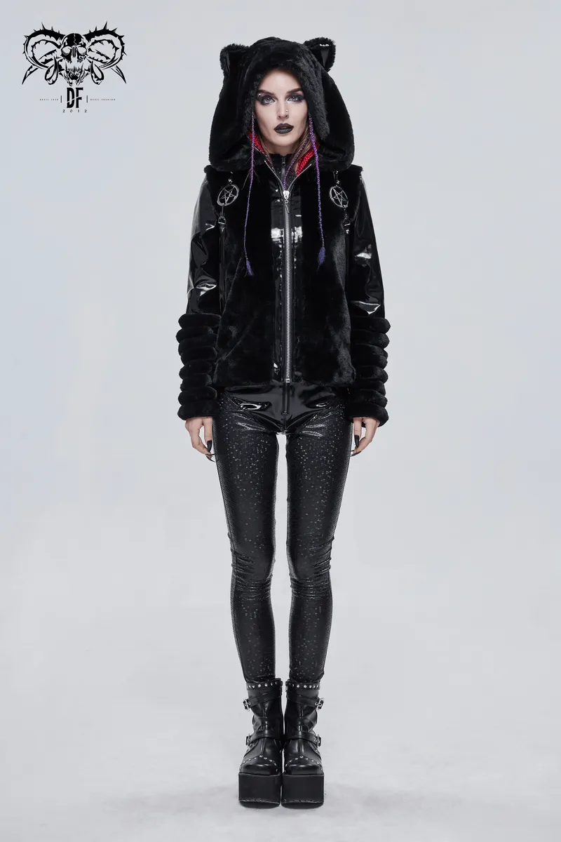 Women's Kitty Eared Fur Hood Jackets / Gothic Jacket with Pentagram Pendants and Straps