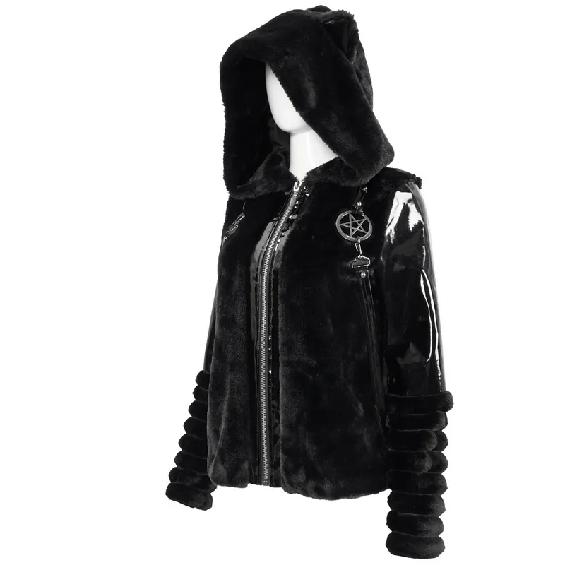 Women's Kitty Eared Fur Hood Jackets / Gothic Jacket with Pentagram Pendants and Straps