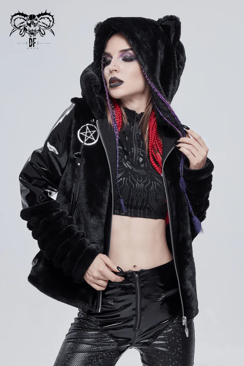 Women's Kitty Eared Fur Hood Jackets / Gothic Jacket with Pentagram Pendants and Straps