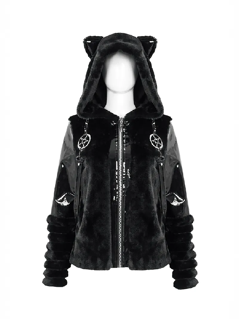 Women's Kitty Eared Fur Hood Jackets / Gothic Jacket with Pentagram Pendants and Straps