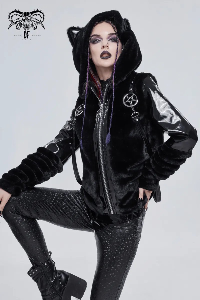 Women's Kitty Eared Fur Hood Jackets / Gothic Jacket with Pentagram Pendants and Straps