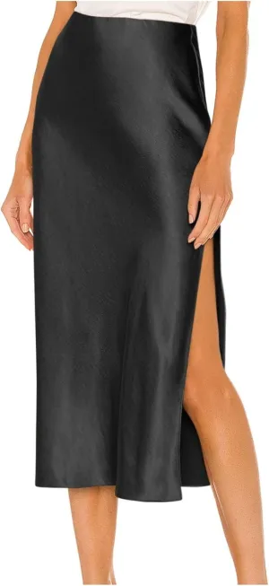 Womens Satin Maxi Slit Skirt Silk Summer High Waisted A-Line Long Skirts Business Casual Cocktail Party Skirt