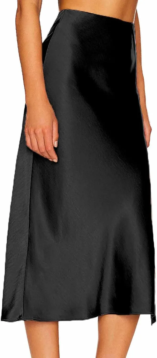 Womens Satin Maxi Slit Skirt Silk Summer High Waisted A-Line Long Skirts Business Casual Cocktail Party Skirt