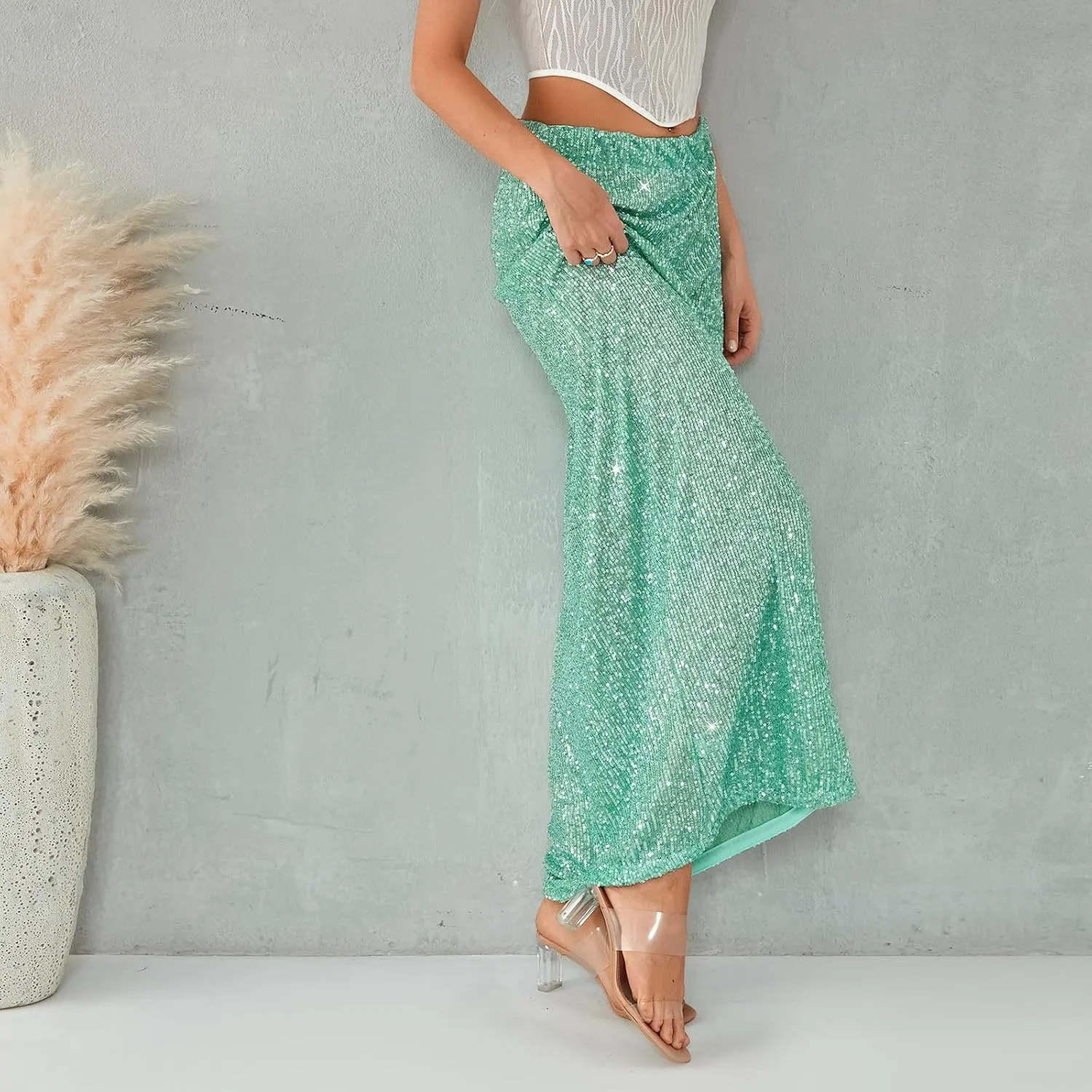 Womens Sequin Maxi Skirt Elastic Low Waist Sparkle Split Hem Night Out Party Party Bling Maxi Skirt