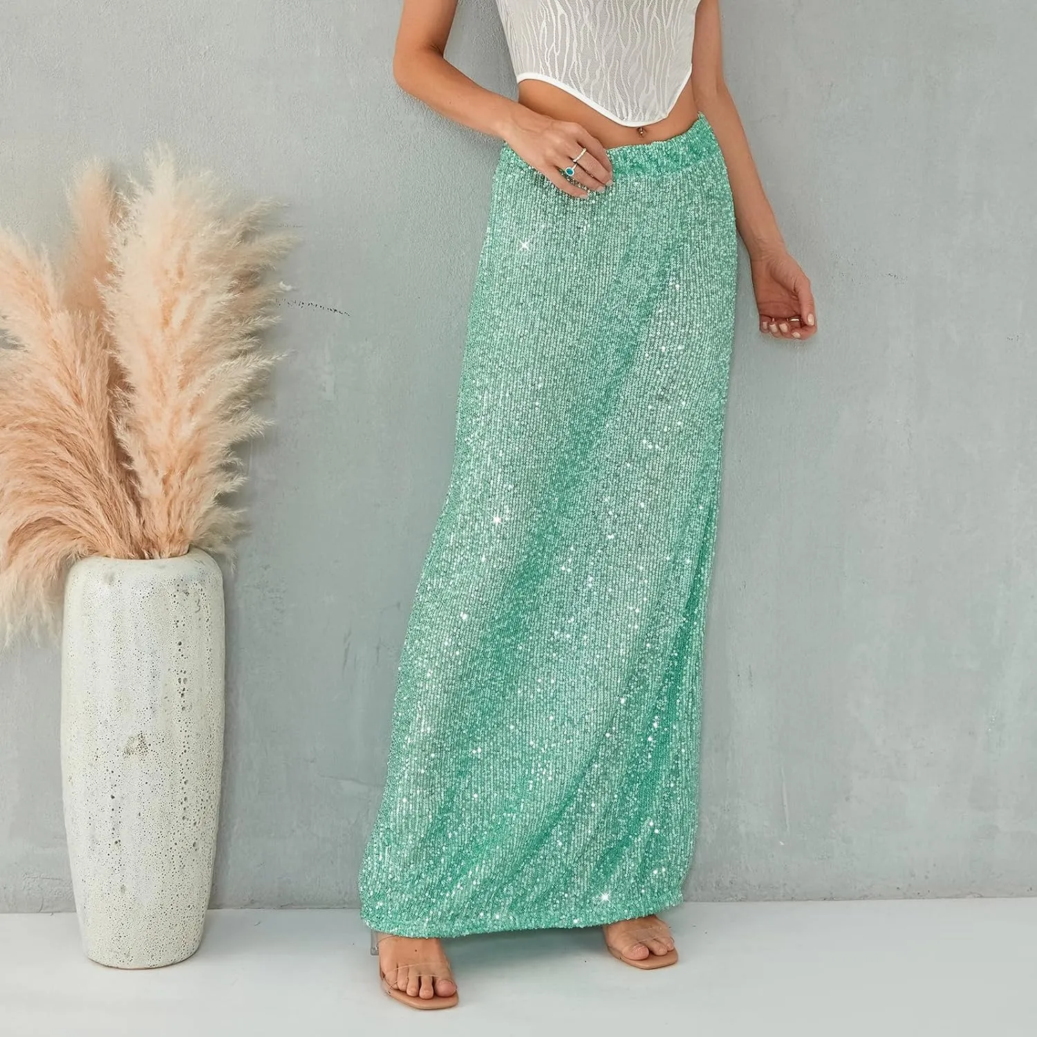 Womens Sequin Maxi Skirt Elastic Low Waist Sparkle Split Hem Night Out Party Party Bling Maxi Skirt