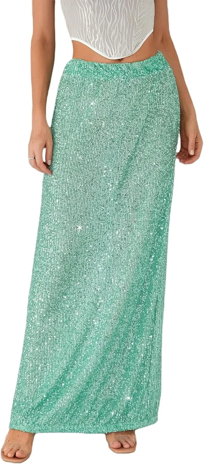 Womens Sequin Maxi Skirt Elastic Low Waist Sparkle Split Hem Night Out Party Party Bling Maxi Skirt