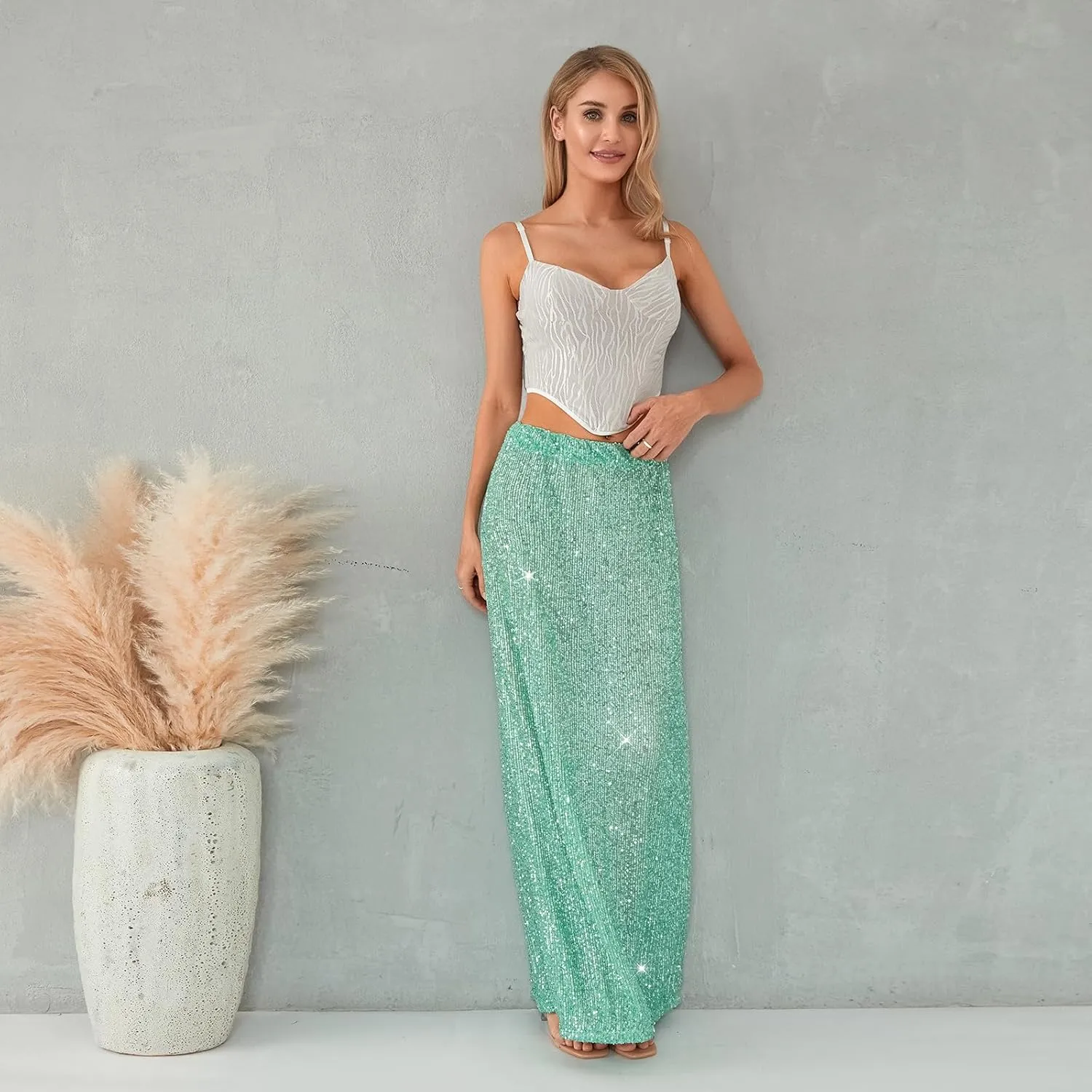 Womens Sequin Maxi Skirt Elastic Low Waist Sparkle Split Hem Night Out Party Party Bling Maxi Skirt
