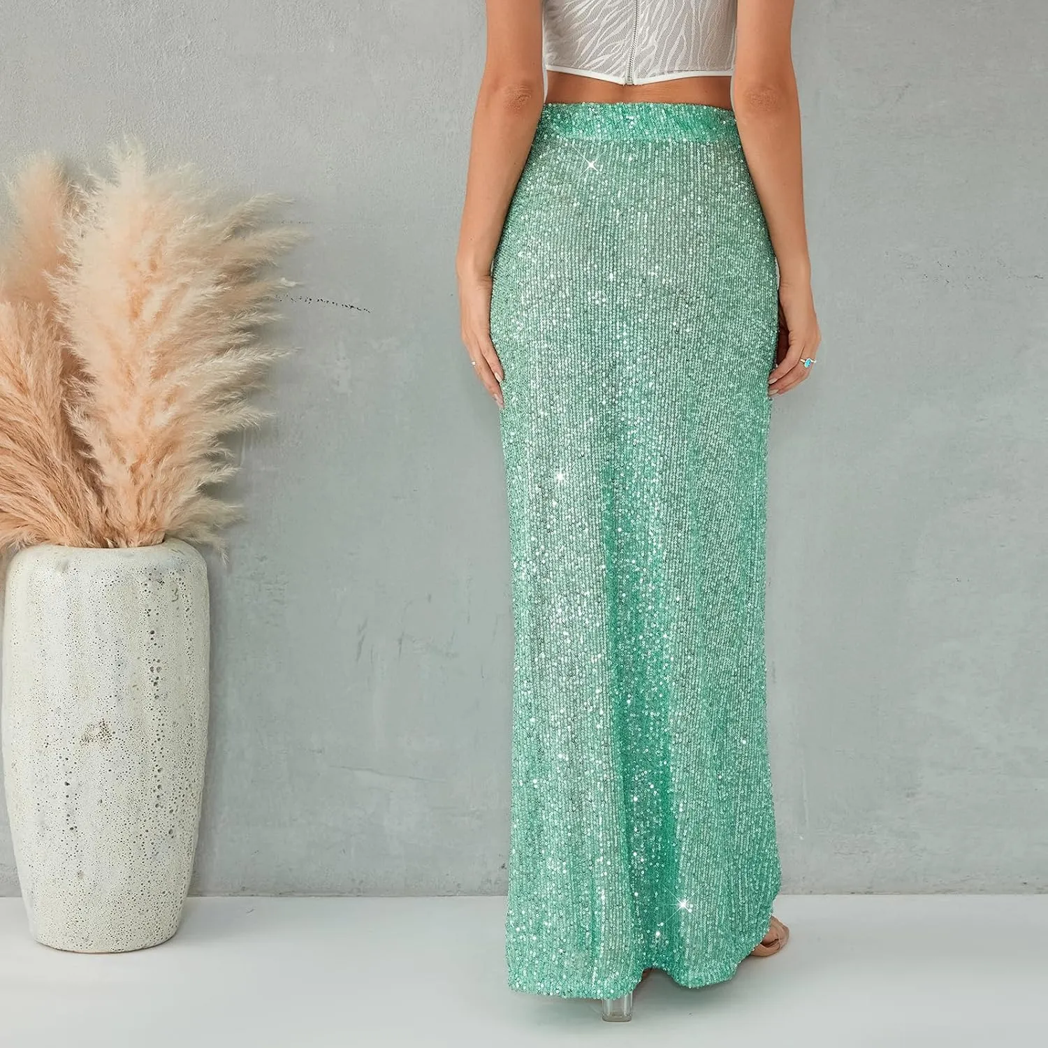 Womens Sequin Maxi Skirt Elastic Low Waist Sparkle Split Hem Night Out Party Party Bling Maxi Skirt