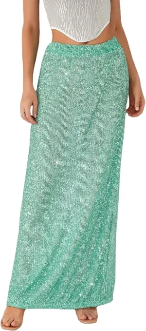 Womens Sequin Maxi Skirt Elastic Low Waist Sparkle Split Hem Night Out Party Party Bling Maxi Skirt