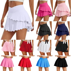 Womens Tennis Skirt Crossover Ruffle Workout Golf Skorts Skirts UPF 50  Solid Lightweight Athletic Skirt with Pocket