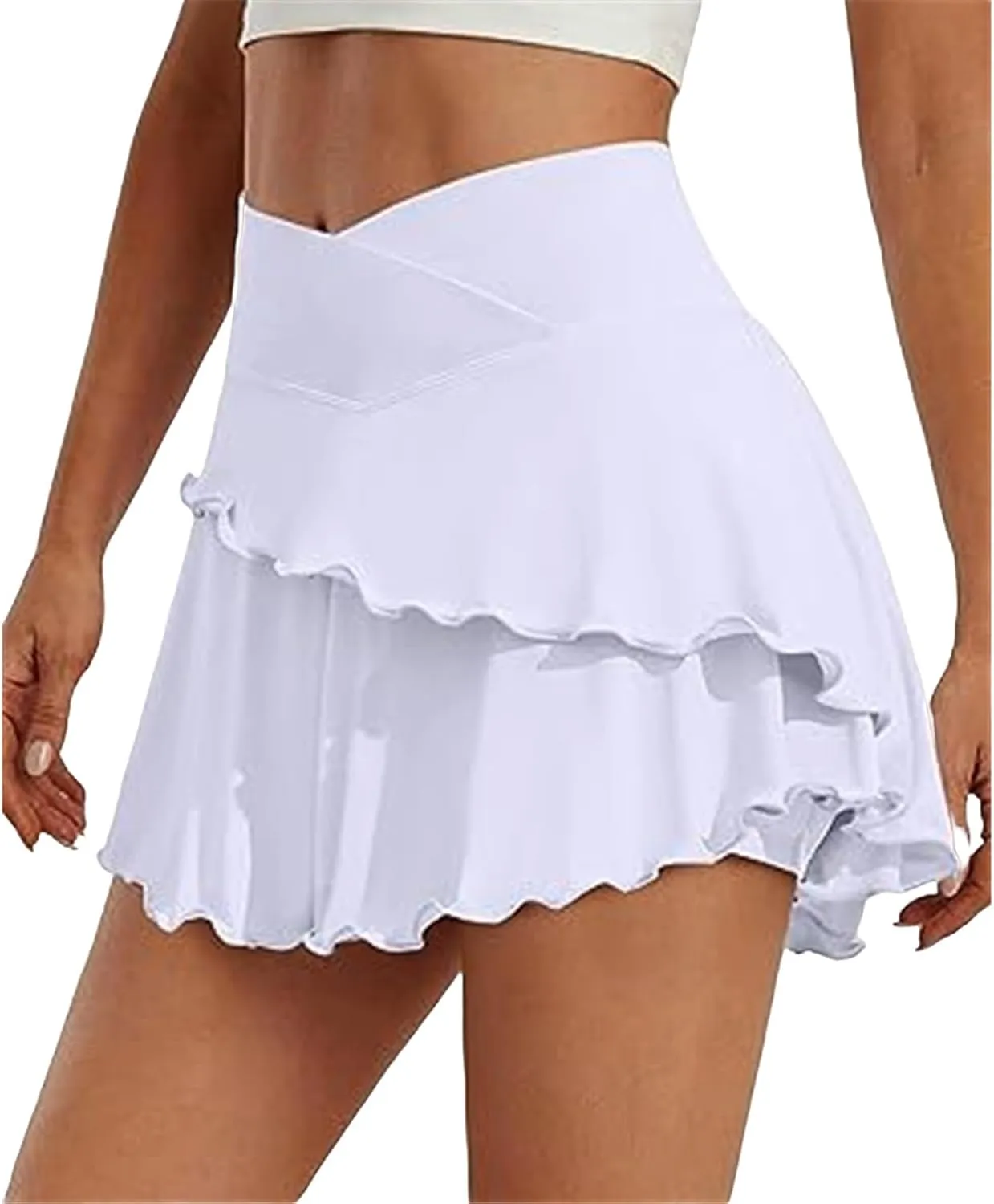 Womens Tennis Skirt Crossover Ruffle Workout Golf Skorts Skirts UPF 50  Solid Lightweight Athletic Skirt with Pocket