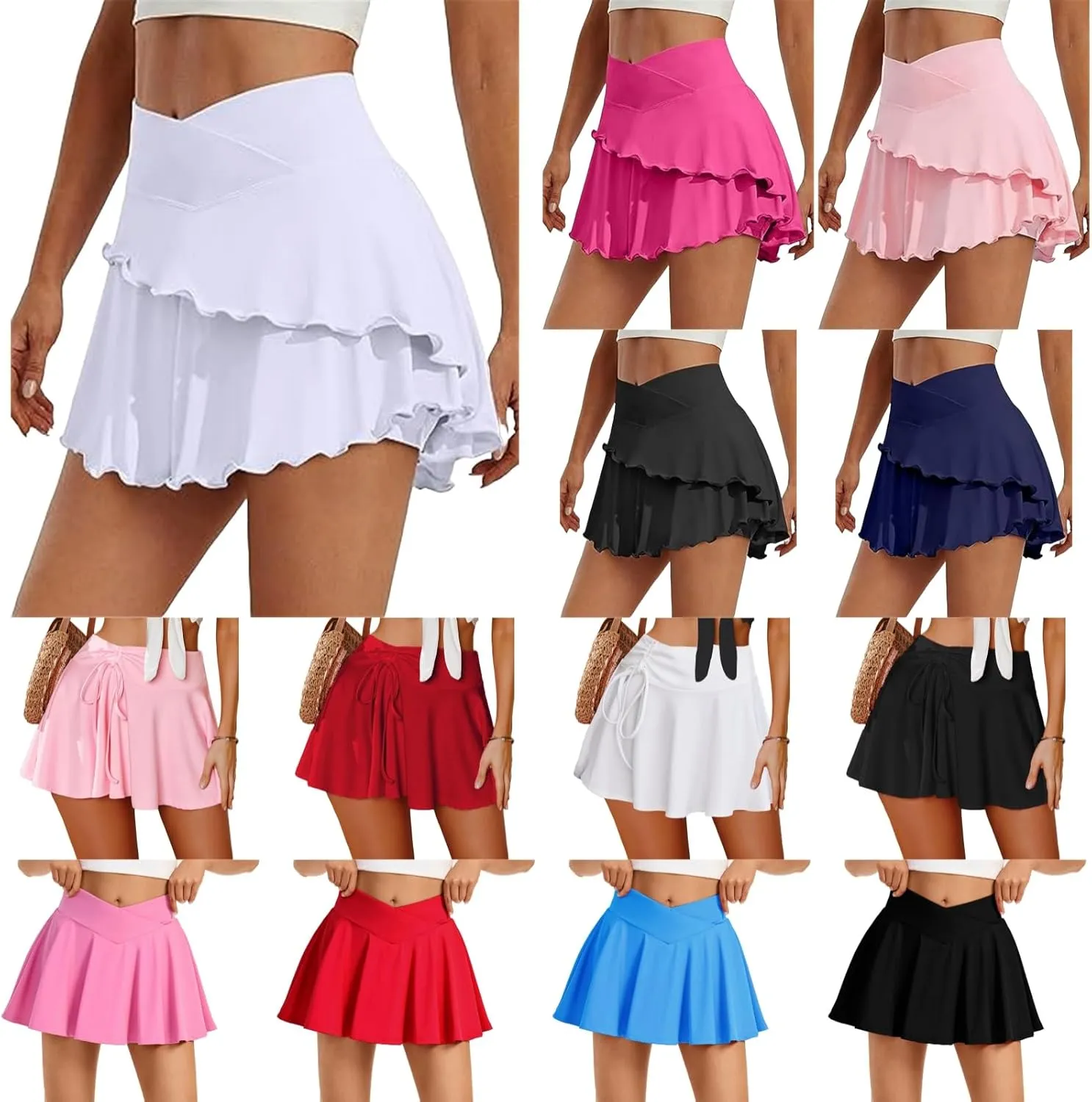 Womens Tennis Skirt Crossover Ruffle Workout Golf Skorts Skirts UPF 50  Solid Lightweight Athletic Skirt with Pocket