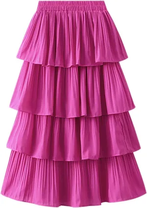 XIAOBU Cake Skirt Women's Elastic High Waist Midi Skirts Solid Tiered Pleated Long Skirt Casual A-Line Swing Skirt Hot Pink
